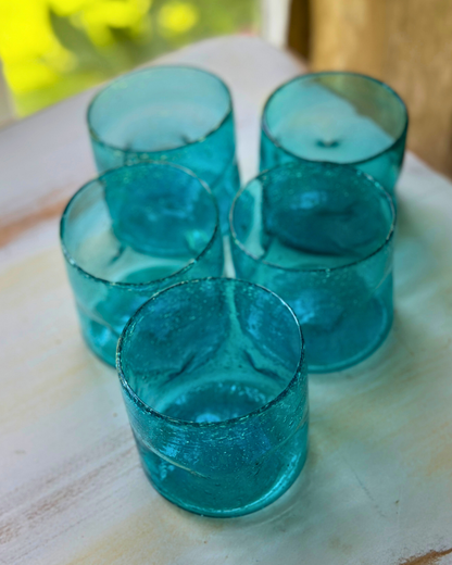 Vintage Hand-Blown Aqua Glass Tumblers | Set of 5
