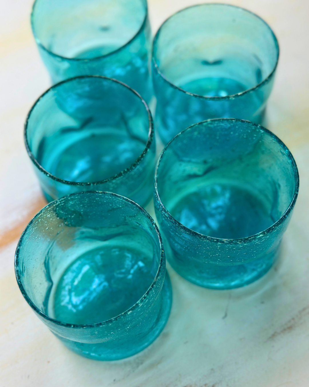 Vintage Hand-Blown Aqua Glass Tumblers | Set of 5