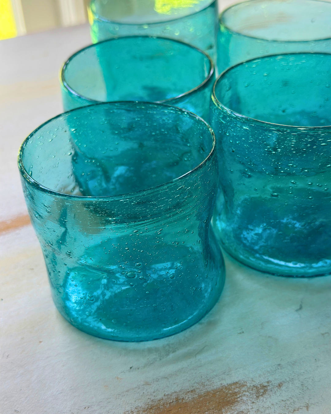 Vintage Hand-Blown Aqua Glass Tumblers | Set of 5