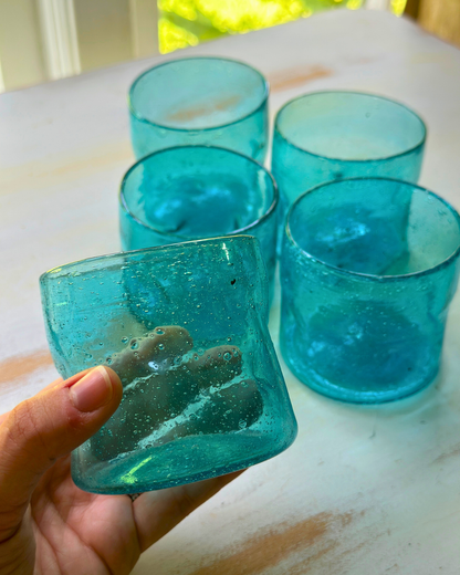 Vintage Hand-Blown Aqua Glass Tumblers | Set of 5