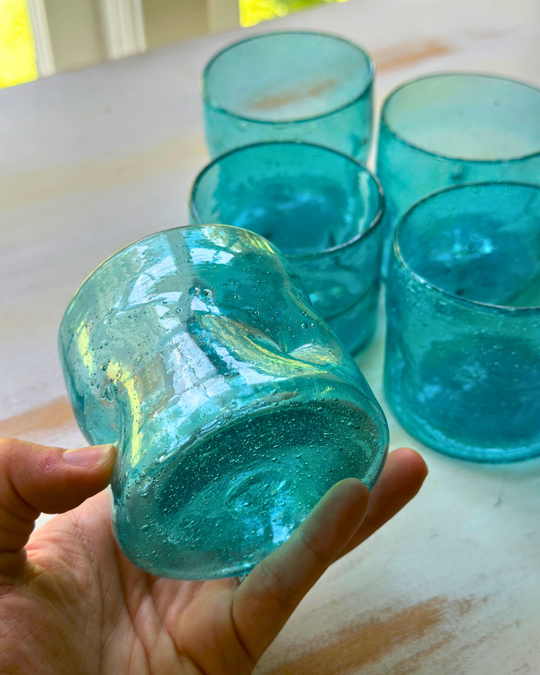 Vintage Hand-Blown Aqua Glass Tumblers | Set of 5