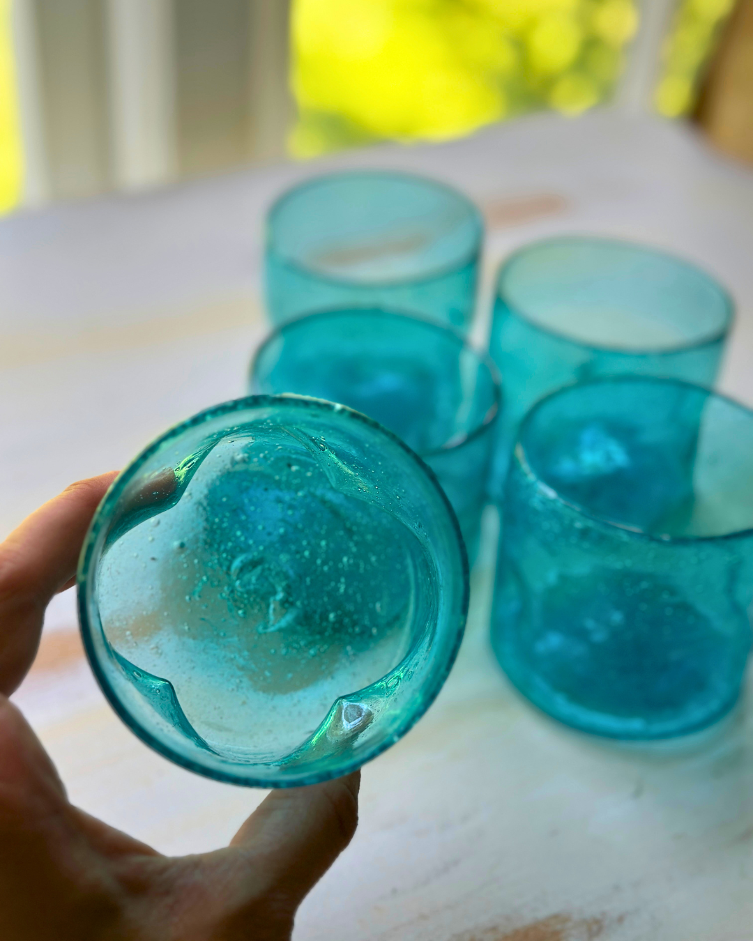 Vintage Hand-Blown Aqua Glass Tumblers | Set of 5