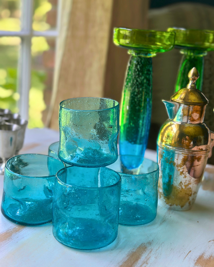 Vintage Hand-Blown Aqua Glass Tumblers | Set of 5