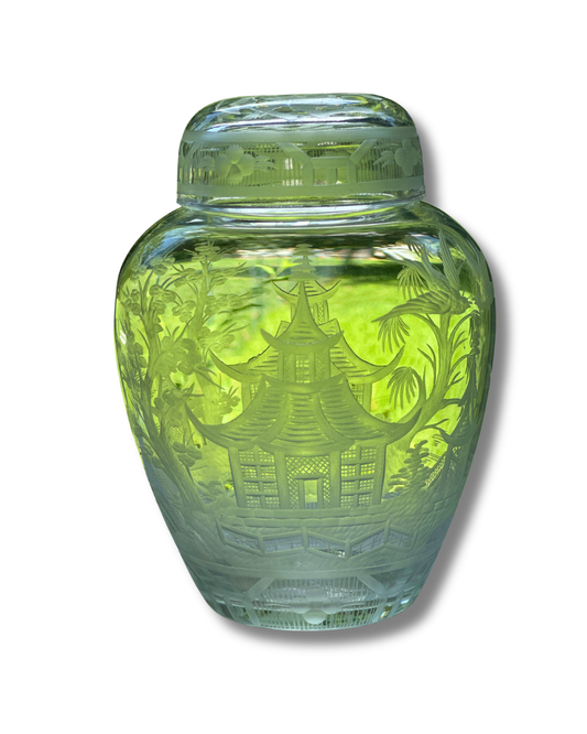Rare Antique Crystal Ginger Jar Etched with Chinoiserie Pagoda Design by Hawkes