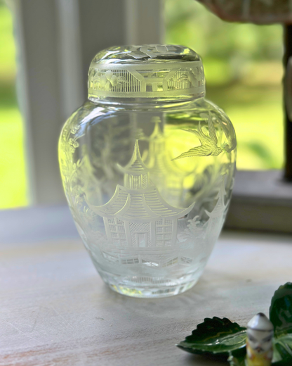 Rare Antique Crystal Ginger Jar Etched with Chinoiserie Pagoda Design by Hawkes