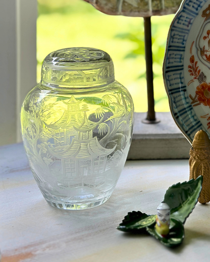Rare Antique Crystal Ginger Jar Etched with Chinoiserie Pagoda Design by Hawkes