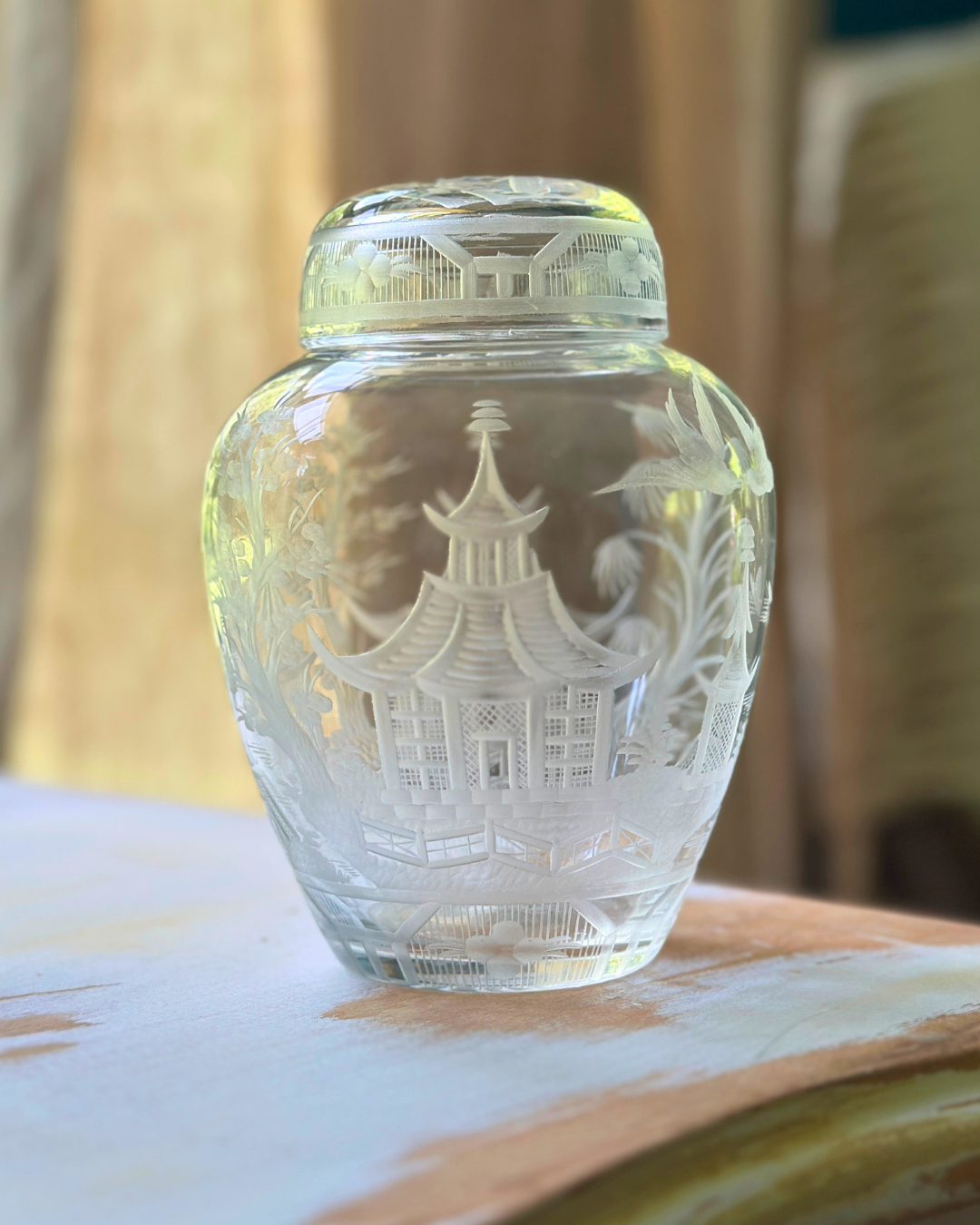 Rare Antique Crystal Ginger Jar Etched with Chinoiserie Pagoda Design by Hawkes