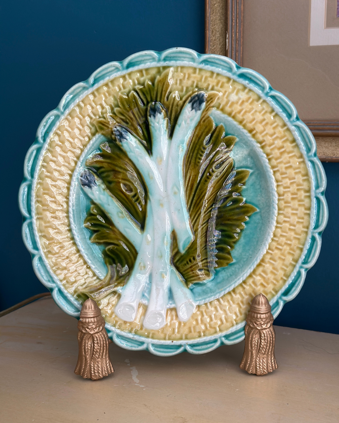 Antique French Salins Majolica Asparagus Plate (Darker Color)