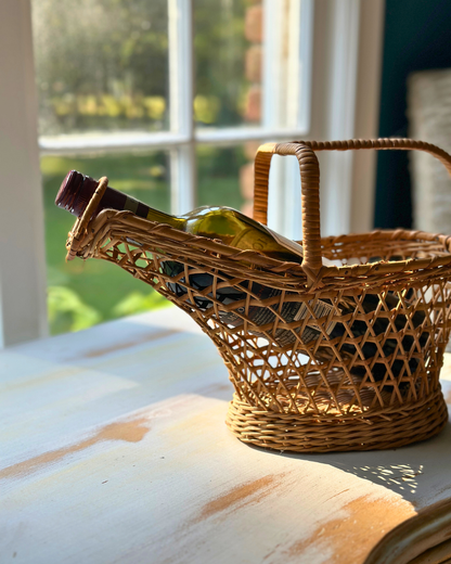 Vintage French Rattan Wine Bottle Basket