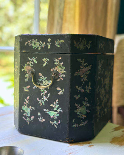 Antique 19th Century Chinese Export Black Lacquer & Mother-of-Pearl Tea Caddy