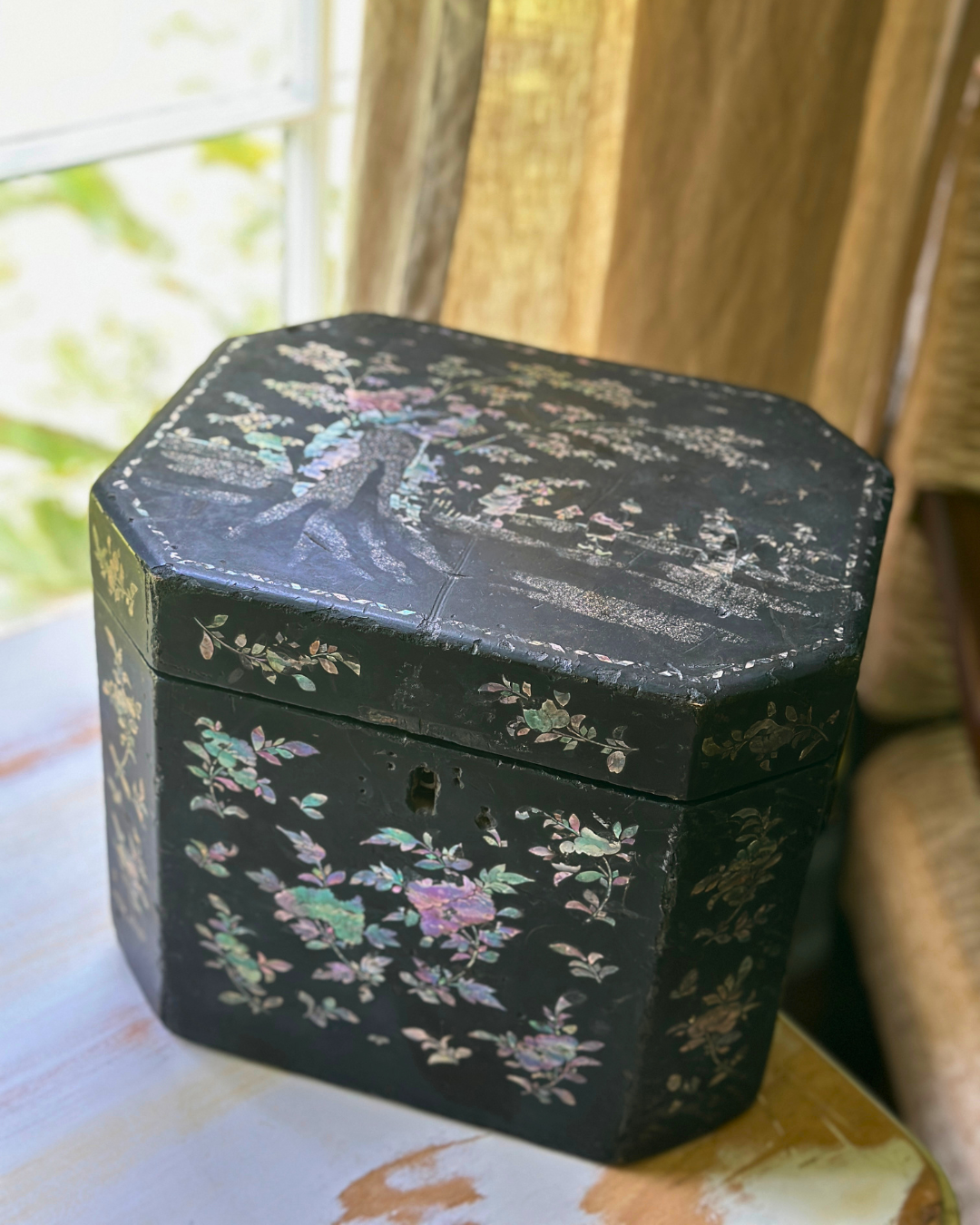 Antique 19th Century Chinese Export Black Lacquer & Mother-of-Pearl Tea Caddy