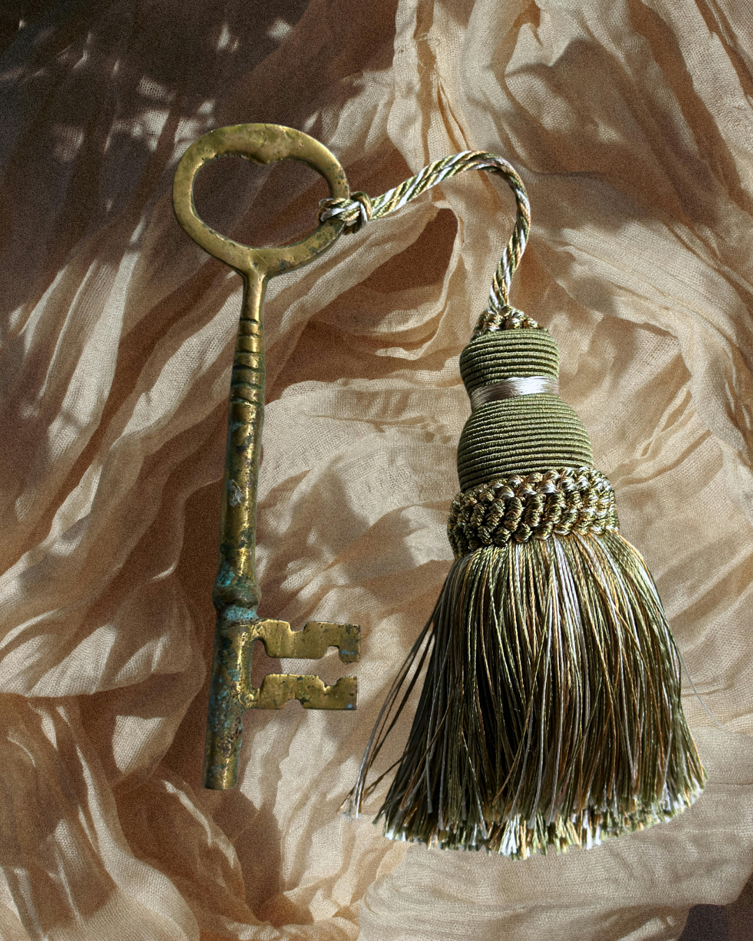 Vintage Large 5" Brass Skeleton Key with Green Tassel