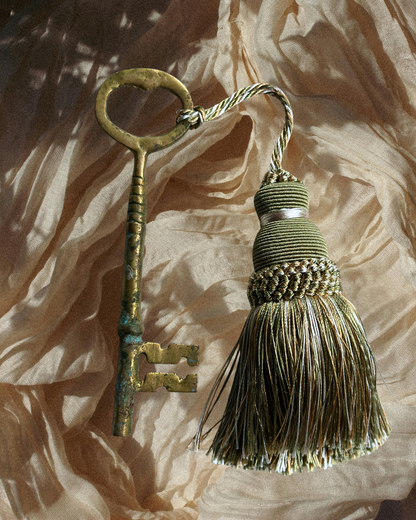 Vintage Large 5" Brass Skeleton Key with Green Tassel