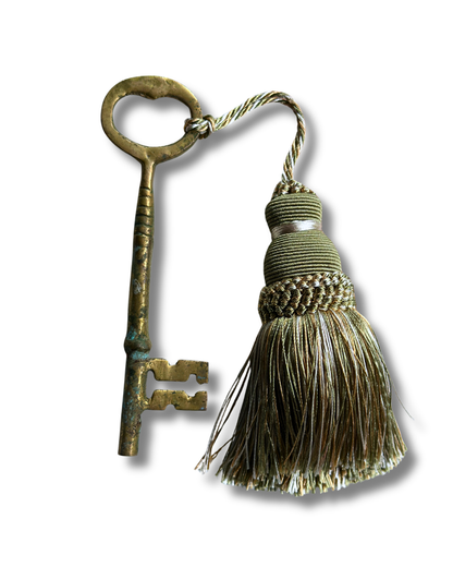 Vintage Large 5" Brass Skeleton Key with Green Tassel