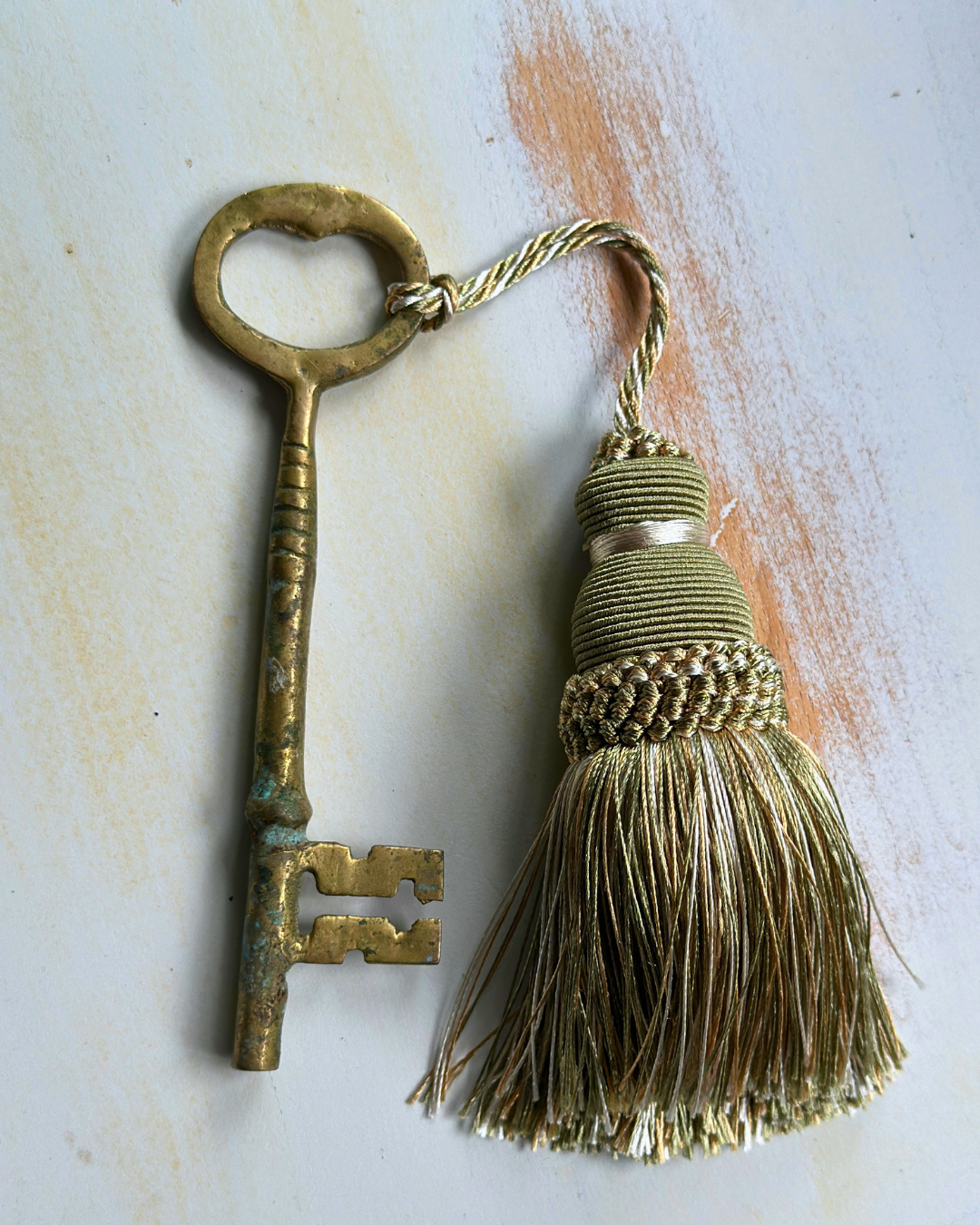 Vintage Large 5" Brass Skeleton Key with Green Tassel