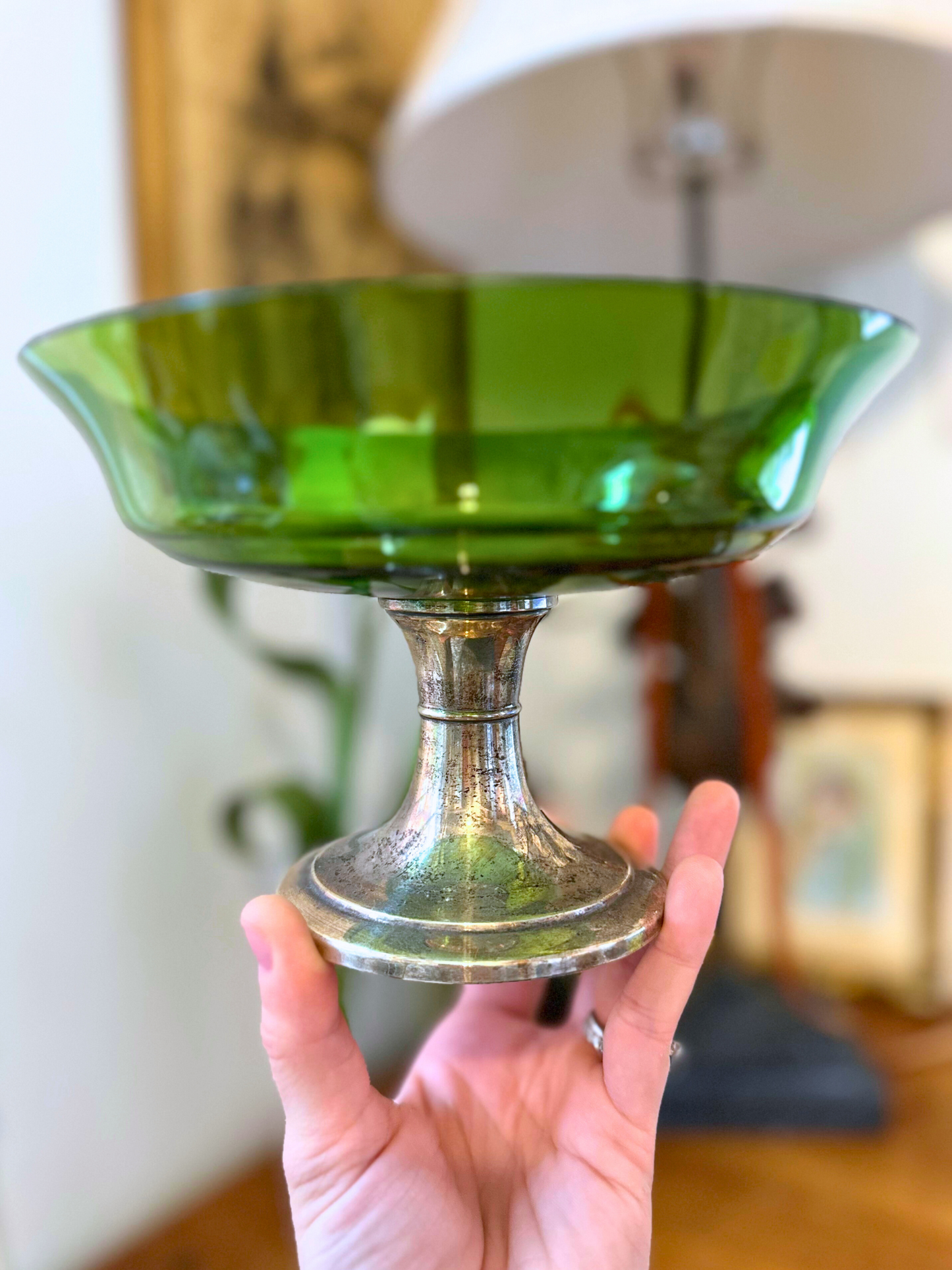 Alvin Sterling Silver & Green Crystal Compote