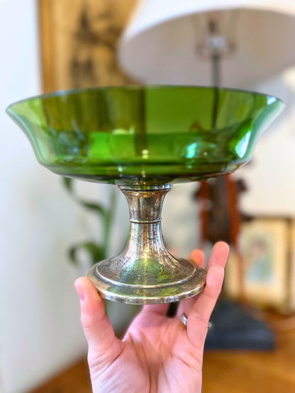Alvin Sterling Silver & Green Crystal Compote