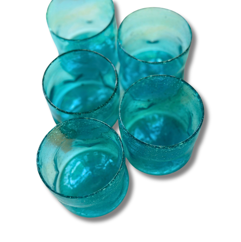 Vintage Hand-Blown Aqua Glass Tumblers | Set of 5