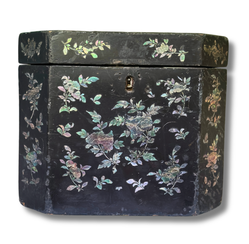Antique 19th Century Chinese Export Black Lacquer & Mother-of-Pearl Tea Caddy